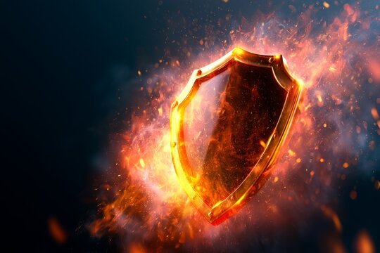 Glowing Security Shield Emerging from Fiery Burst with Dynamic Light Effects