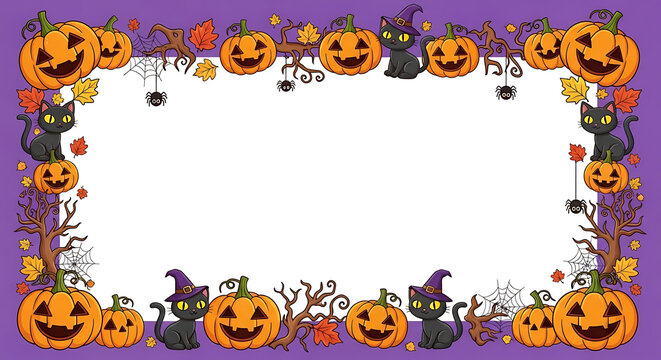 Halloween pumpkin border frame with purple background