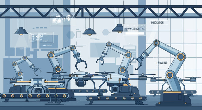 Automated Robotic Arms Working on an Assembly Line in a Modern Factory.