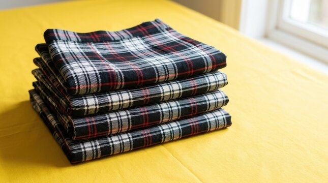 Stack of Folded Plaid Patterned Cotton Handkerchiefs on Table.