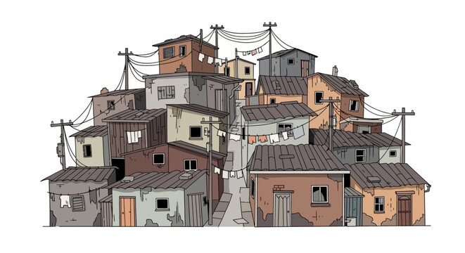 Illustration of a Dense Urban Slum Settlement with Cluttered Houses