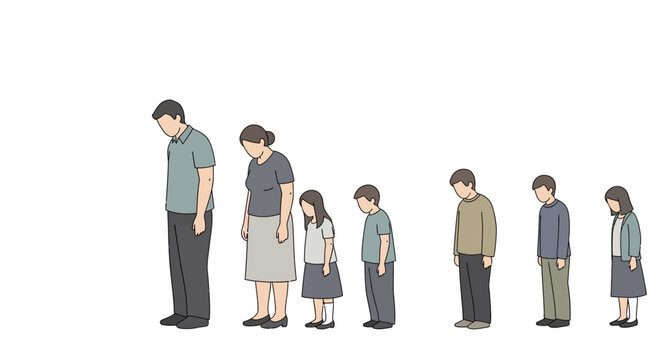 Illustration of a family standing in a row bowing their heads in apology