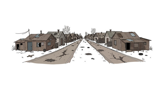 Illustration of a Dilapidated Rural Street with Run-down Shack Houses