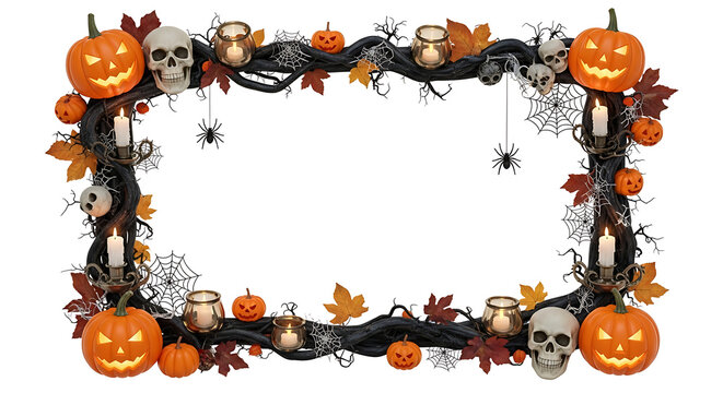 Halloween frame border with pumpkins and leaves