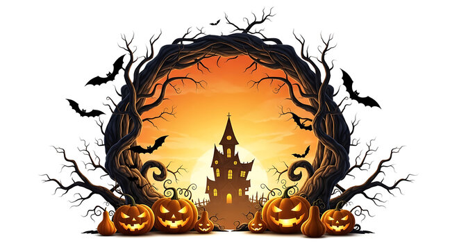 Halloween haunted house at sunset