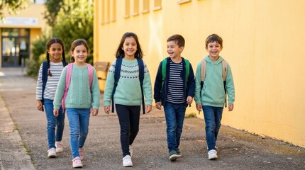 Obraz premium Group of Five Happy School Children Walking Outdoors.