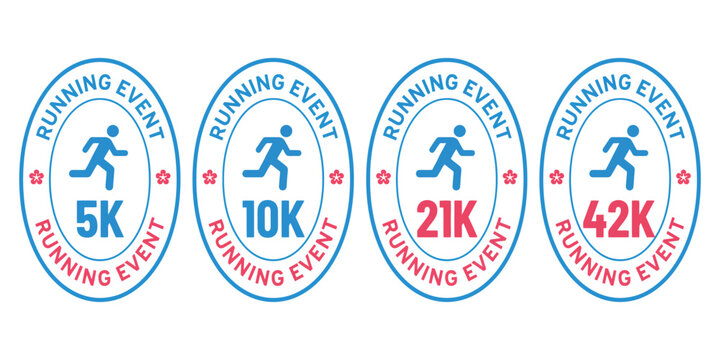 Marathon running event badge set with distance mileage trackers, runner stick figures, circular sports medals, pink flower decoration and race celebration design elements