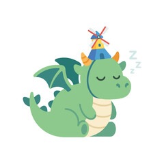 Obraz premium A cute green dragon wearing a small windmill hat sleeps peacefully