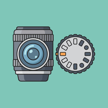 Flat vector illustration of a camera lens and a mode dial