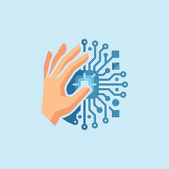 Fototapeta premium A human hand interacts with a digital circuit board design