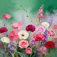 Obraz premium Soft Impasto Oil Painting of Poppies, Roses and Delphiniums on Misty Emerald Green Background