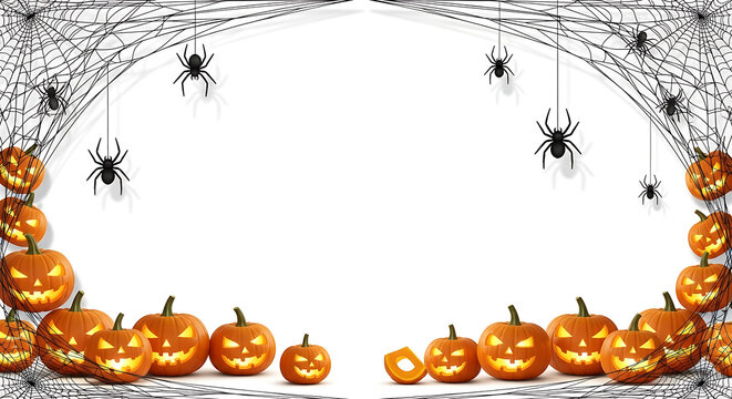 Halloween pumpkins and bats on white