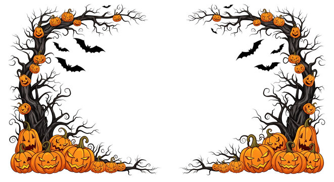 Halloween archway with orange pumpkins and dry tree branches