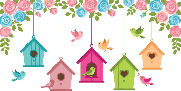 Hanging Birdhouse Vector Illustration Set with Cute Birds Flying Around Colorful Nesting Boxes and Spring Floral Rose Garland Border on White