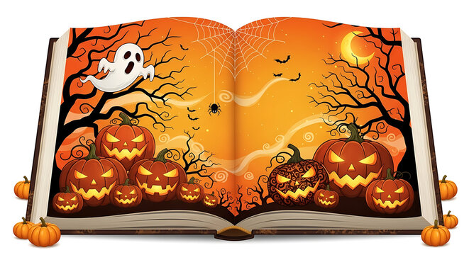 Pixel art open book with halloween pumpkins and ghost