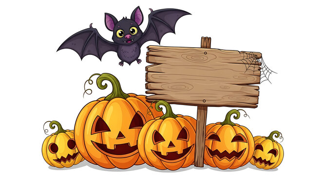 Halloween pumpkins with bat and wooden sign