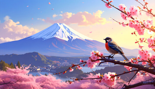Bird on Cherry Blossom Branch with Snow Capped Mountain at Sunrise