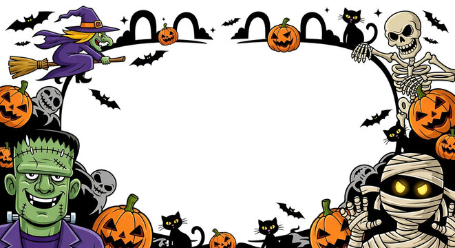 Halloween border with frankenstein, zombie, and pumpkins
