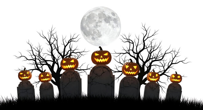 Halloween pumpkins on graves under full moon