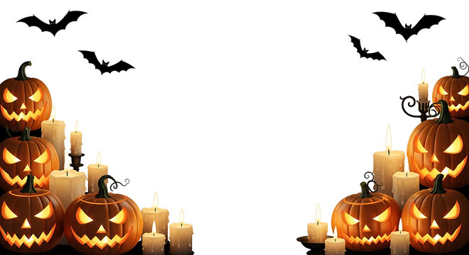 Halloween pumpkins and bats on white