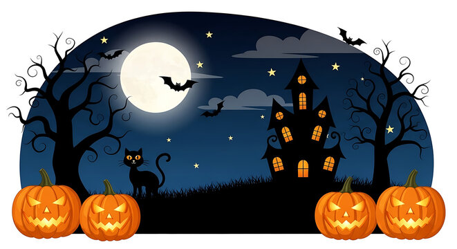 Halloween pumpkins and haunted house under full moon