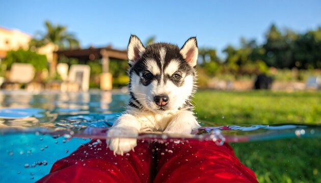 tiny Husky puppy swimming in a pool, right at the water&rsquo;s edge with a great split-level water effect