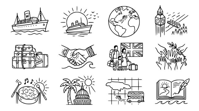 Travel and Migration Icons: Ships, Globe, Landmarks, Family, Hands, Music, Book