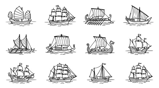 Collection of Hand Drawn Sailing Ships and Boats Vector Illustration