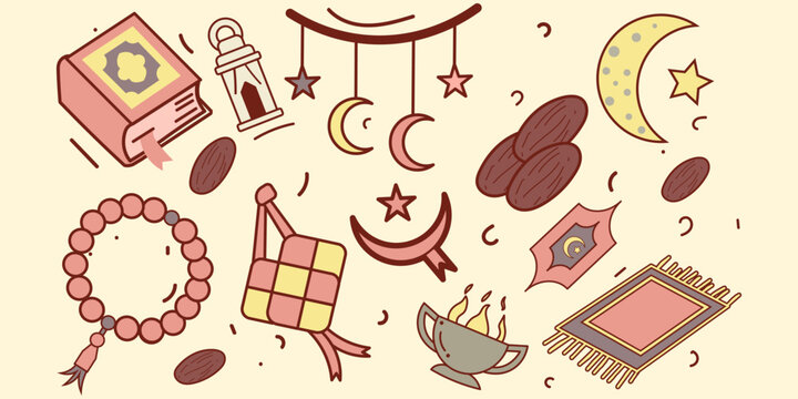 Religious and cultural objects assortment including prayer beads book lamp crescent moon rug cup