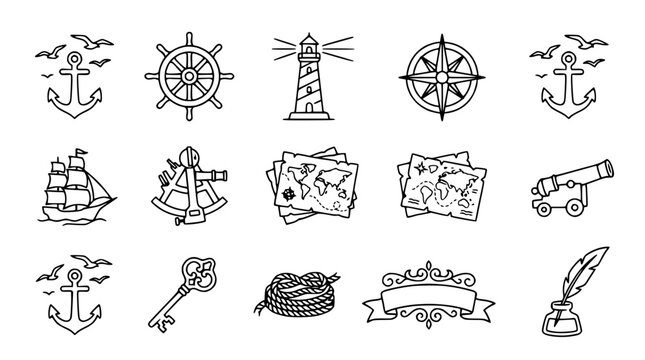 Nautical Icons Set: Anchor, Compass, Lighthouse, Ship, Maps, Cannon, Key, Rope