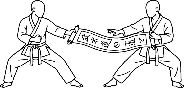 Two martial artists holding a banner together in stance.