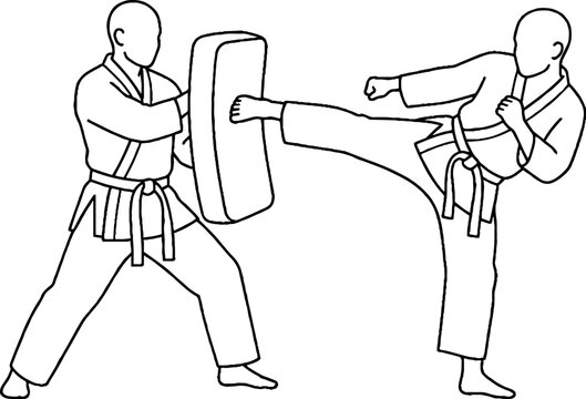 Two martial artists practicing karate kicks with focus pads.