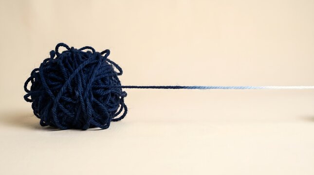 Dense tangled dark navy yarn knot with single thread separating and fading from navy to white on cream surface, untangling mental clarity therapy concept art horizontal with copy space