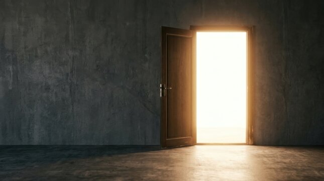 Single open door with bright light beyond, opportunity concept, minimalist advertising image, large copy space