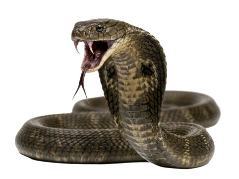 A threatening cobra snake hisses with its mouth open on a white background