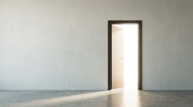 Single open door with bright light beyond, opportunity concept, minimalist advertising image, large copy space
