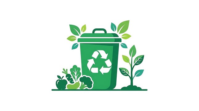 Green recycling bin with fresh vegetables and growing plant
