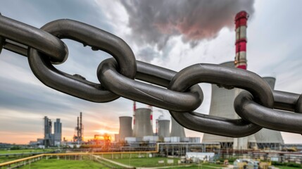 Naklejka premium Industrial Chain in Sharp Focus with Power Plant and Clouds in Background at Sunset