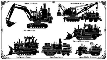 Obraz premium Set of Steampunk Industrial Construction Machinery Silhouette Illustrations.