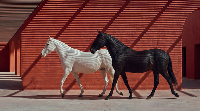 A white horse and a black horse walk side by side in a minimalist architectural space. Horizontal slatted shadows fall across the striking terracotta wall.