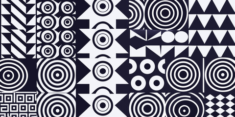 Fototapeta premium Abstract geometric pattern with circles triangles and squares in black and white