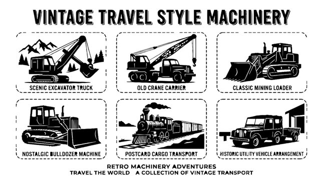 Set of Vintage Travel Style Machinery Illustrations.