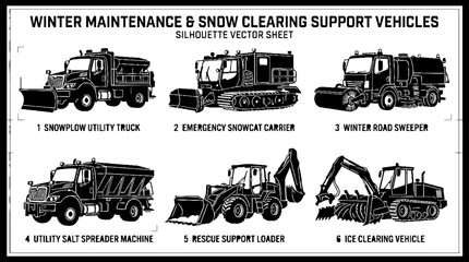 Obraz premium Set of Winter Maintenance and Snow Clearing Support Vehicles Silhouette Vector Sheet.