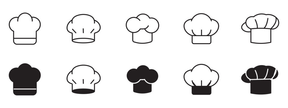 Chef Hat Icon Set, Restaurant Culinary Toque and Kitchen Cook Uniform Vector Symbols