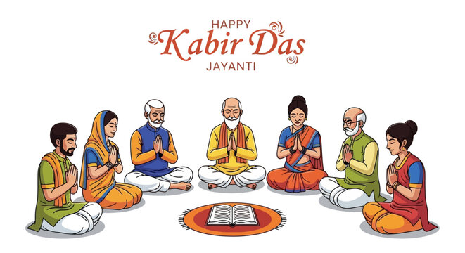 Happy Kabir Das Jayanti celebration with people meditating and praying together in a circle around a holy book