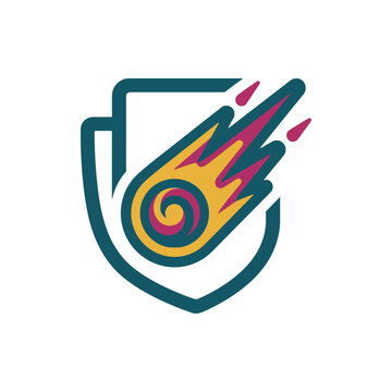 A stylized graphic icon of a flaming comet inside a shield