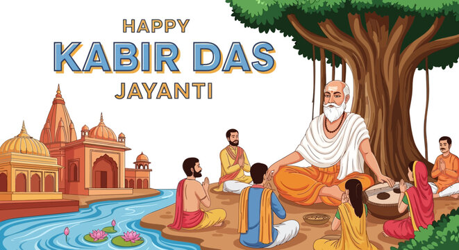 Celebrate happy Kabir Das Jayanti with a wise guru teaching disciples by a serene river and ancient temple