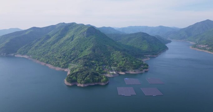 Aerial view of Boryeongho Lake and green mountains, South Korea
