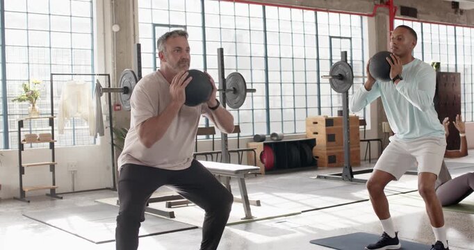 Diverse partners after cue doing goblet squats in gym holding med balls while female doing core