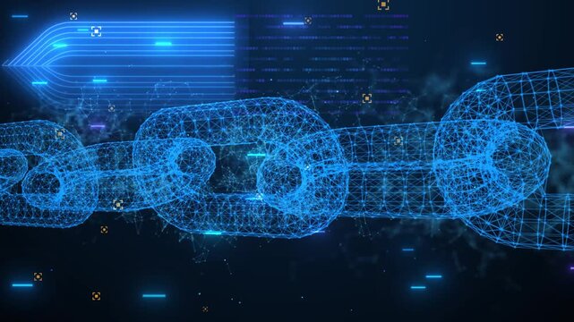 Blockchain technology concept with 3D digital wireframe chain links glowing on abstract network background.
